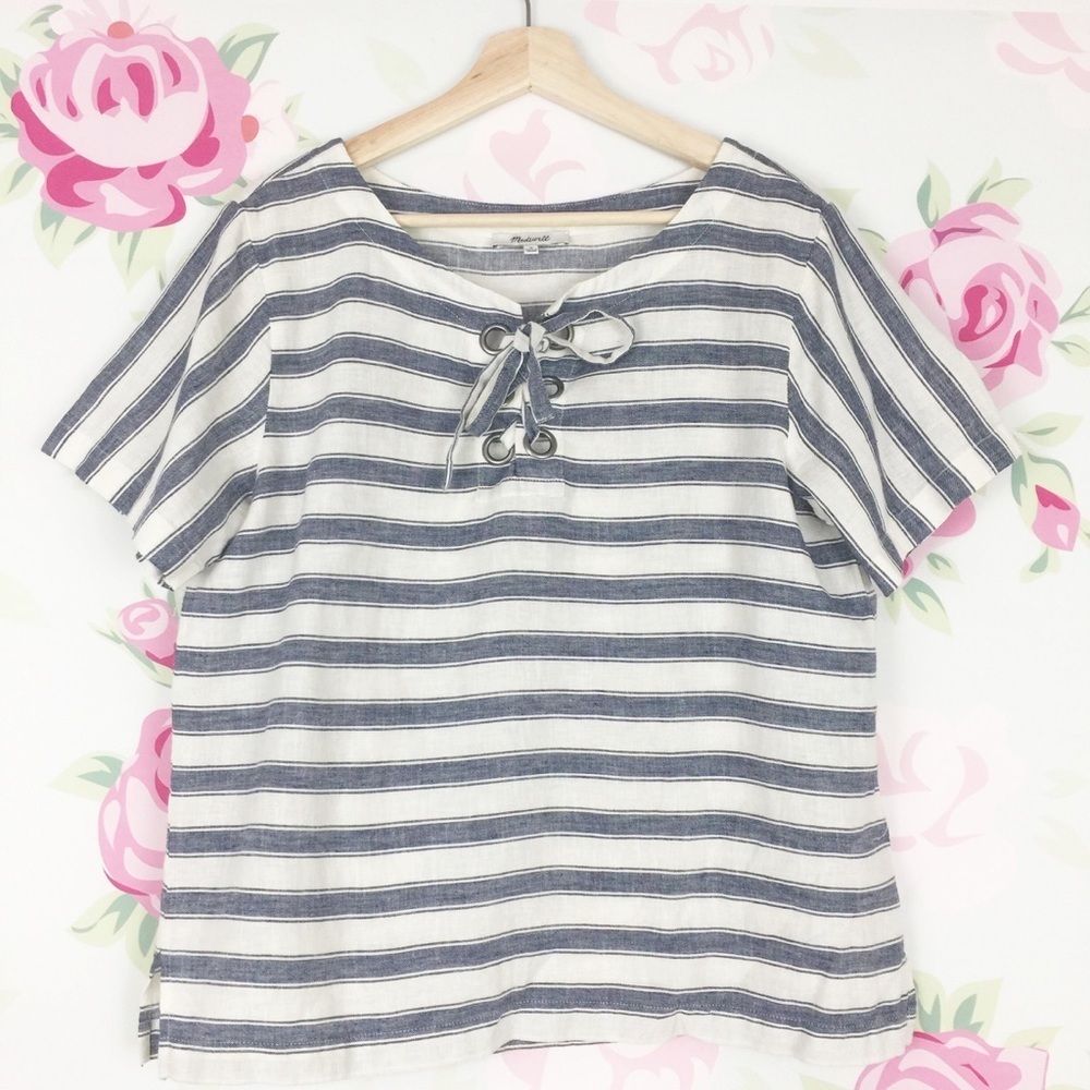 Madewell Nautical Blue Cream Ivory Stripe Linen Lace Up Blouse M
